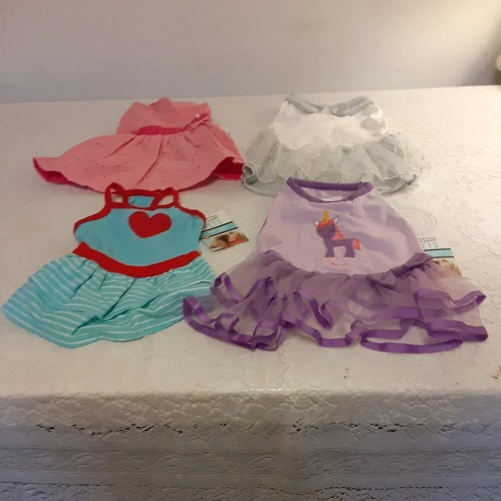 Lot of 4 Martha Stewart Dog Outfits. Purple, Pink Eyelet, Green & White & Grey